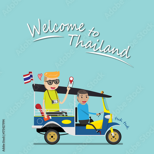foreign tourist take tuk tuk for sightseeing attraction around Bangkok, Thailand. tuk tuk is a local taxi vehicle with three wheels. ride tuk tuk is most popular activity for tourist in Bangkok.