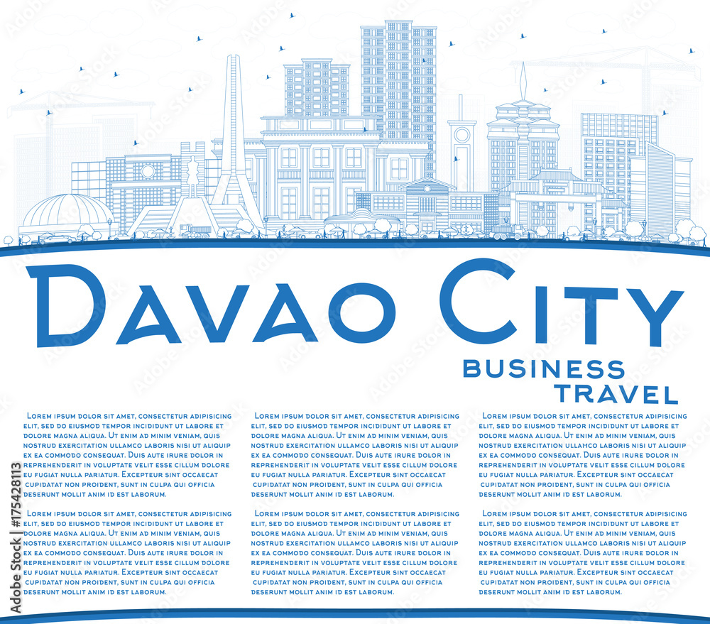 Outline Davao City Philippines Skyline with Blue Buildings and Copy Space.