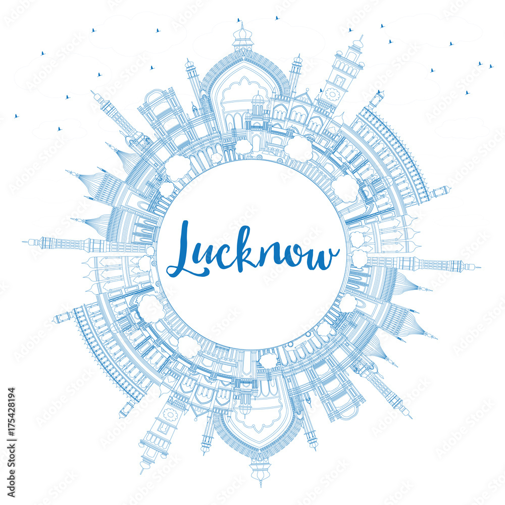 Outline Lucknow Skyline with Blue Buildings and Copy Space.