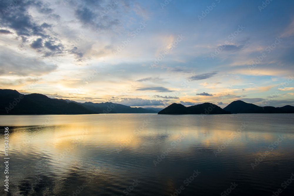 beautiful sunset on the reservoir at Khuean Srinagarindra National Park kanchanaburi povince , landscape Thailand