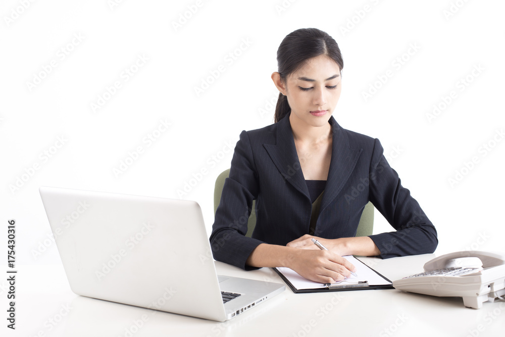 Asian Woman using laptop for work with attractive smiling, Woman working concept, Isolated on white background. Asian Woman using laptop for work with attractive smiling, Woman working concept, Isolated on white background.