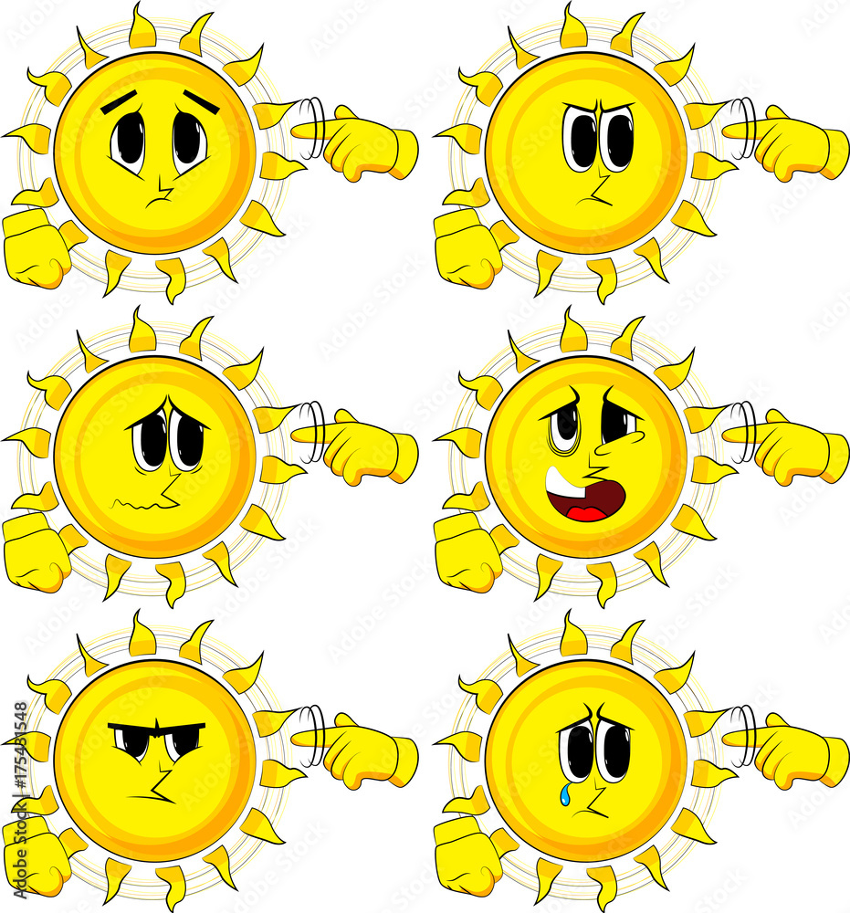 Cartoon sun shows a you're nuts gesture by twisting his finger around his temple. Collection with sad faces. Expressions vector set.