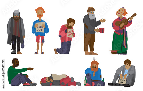 Homeless people characters cadger set unemployment men needing help bums and hobos stray vector illustrations.