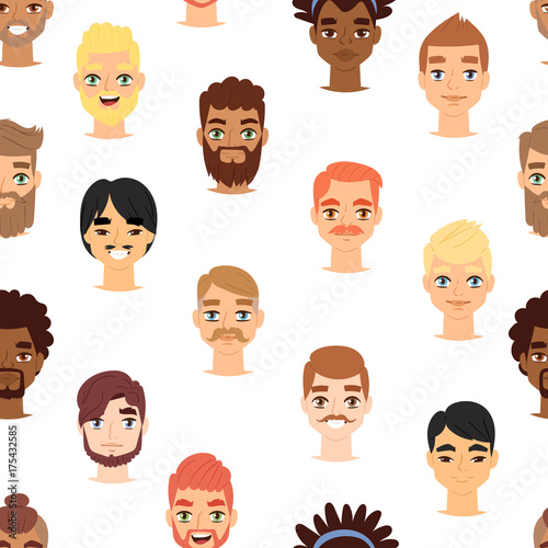 Different beard man head face vector icons seamless pattern background © partyvector
