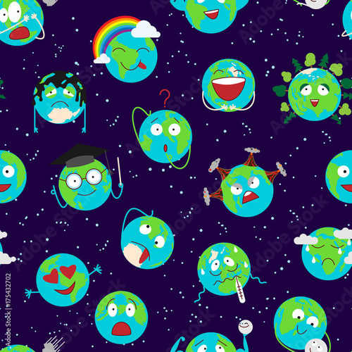 Cartoon globe earth emotion face character expression planet world vector illustration seamless pattern background