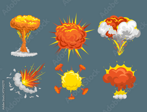 Cartoon explosion boom effect animation game sprite sheet explode burst blast fire comic flame vector illustration.