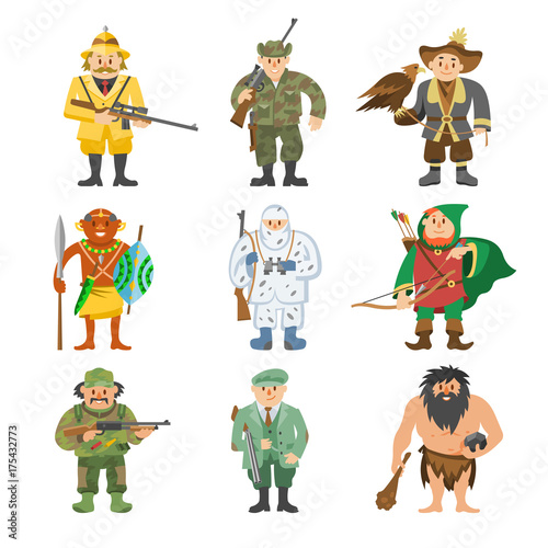 Hunters vector illustration cartoon style different gear huntsman characters aiming man ammunition weapon people.