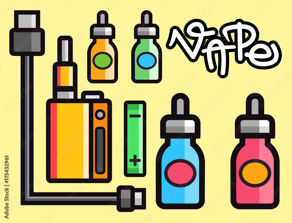Vape device vector set cigarette vaporizer vapor juice bottle flavor illustration battery coil. Vape device vector set cigarette vaporizer vapor juice bottle flavor illustration battery coil.