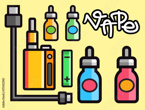Vape device vector set cigarette vaporizer vapor juice bottle flavor illustration battery coil.