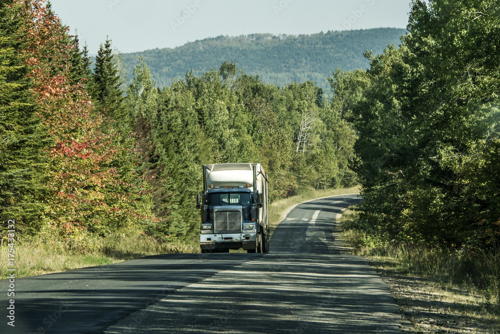 Semi truck on Highway deep forest in Canada ontario quebec