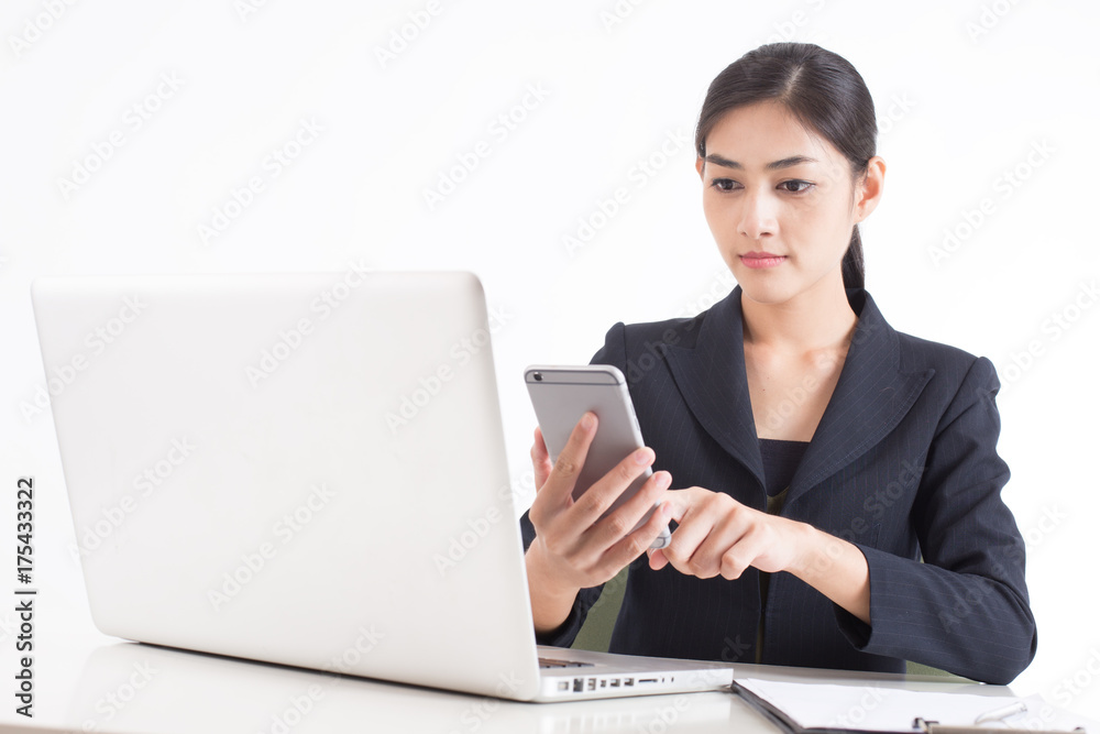 Asian Woman using smartphone for work, Woman working concept, Isolated on white background. Asian Woman using smartphone for work, Woman working concept, Isolated on white background.