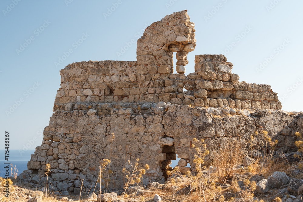 Ruins of the medieval Feraklos castle, Rhodes island, Greece