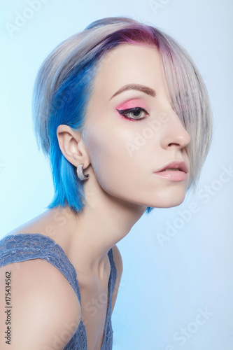 beautiful woman with blue hair and make-up