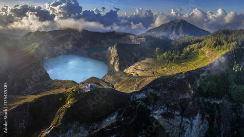Panoramic Aerial view of Kelimutu volcano and its crater lakes, Flores, Indonesia