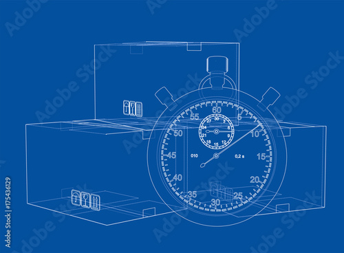 Stopwatch with cardboard box sketch. Vector
