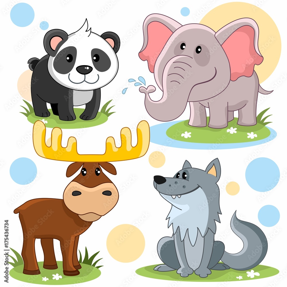 Мультяшный набор векторных картинок с дикими животными для детей.  Изображение панды, слона, лося и волка. Stock Vector | Adobe Stock