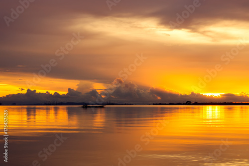 Beautiful lake after sunset with clouds.
