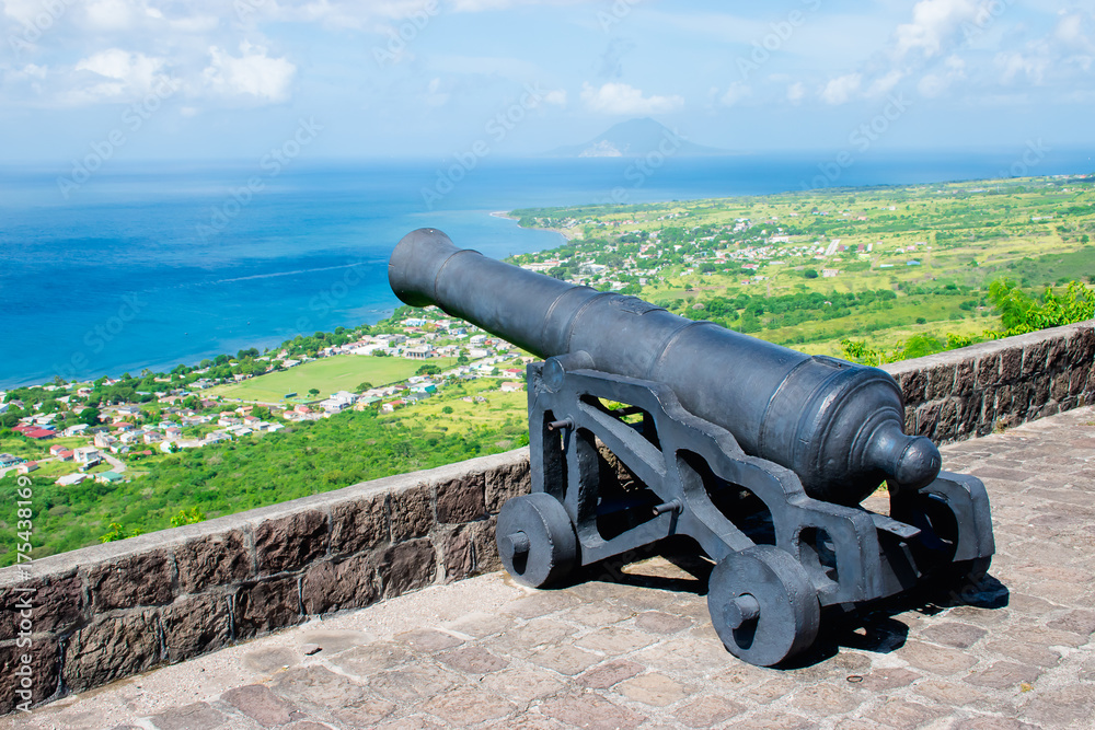 Cannon Brimstone Hill Fort, St. Kitts.
Caribbean Sea background view.