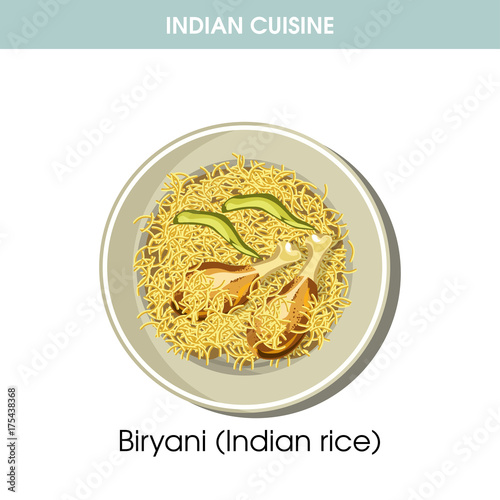 Indian cuisine Biryani rice traditional dish food vector icon for restaurant menu