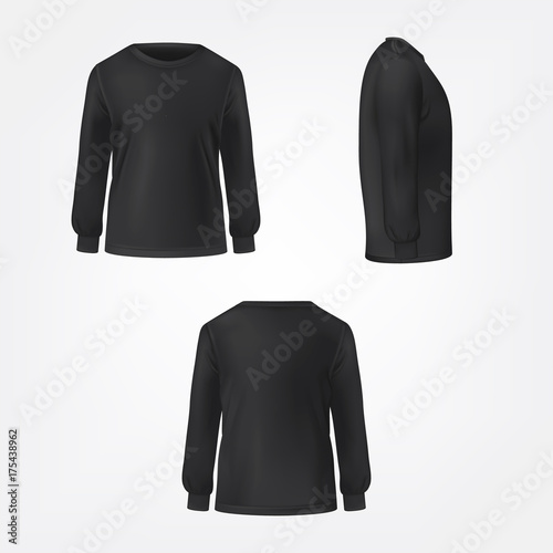 Black jumper with crew neck and long sleeve in three sides view realistic vector set isolated on white background. Modern unisex casual cloth template for fashion concept, clothing store advertising
