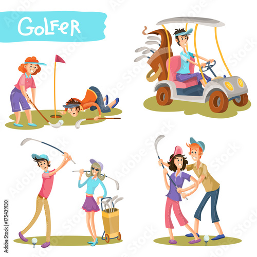 Set of female and male golfers cartoon characters playing golf, learning hold stick, hitting ball, driving golf car vector illustration isolated on white. Funny golf players couple on field collection
