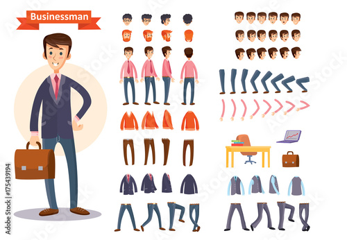 Businessman cartoon character generator with smiling young man in business suit and briefcase. Face expressions, body parts, clothing, business attributes set for personage making flat isolated vector