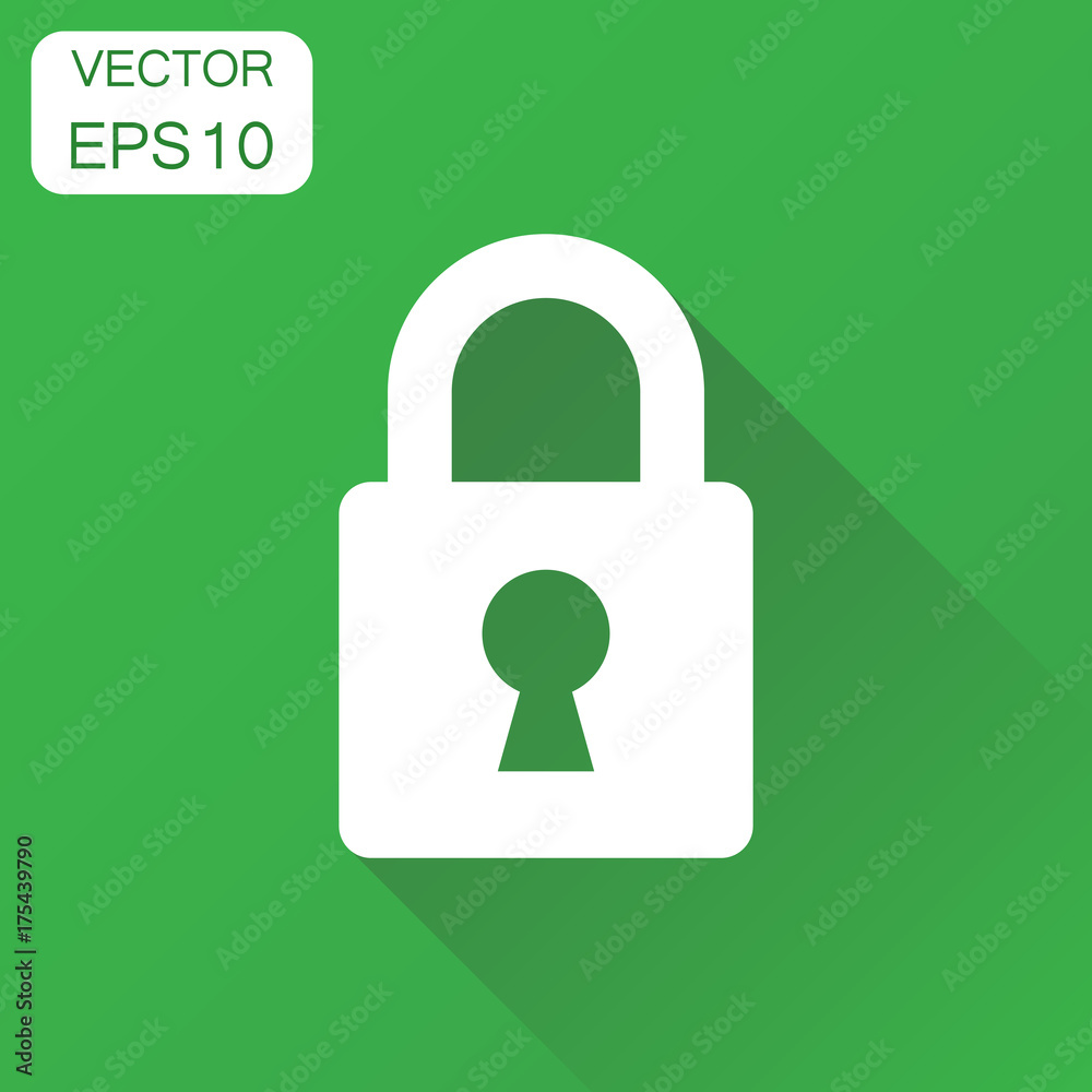 Lock icon. Business concept padlock locker pictogram. Vector illustration on green background with long shadow. Lock icon. Business concept padlock locker pictogram. Vector illustration on green background with long shadow.
