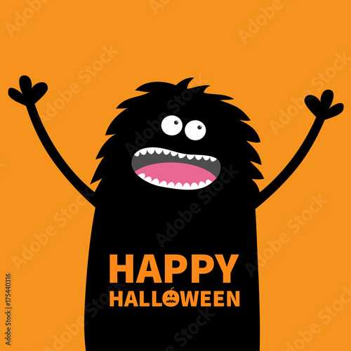 Screaming monster fluffy body silhouette looking up. Two eyes, teeth, tongue, spooky hands. Black Funny Cute cartoon baby character. Happy Halloween pumpkin text. Flat design. Orange background.