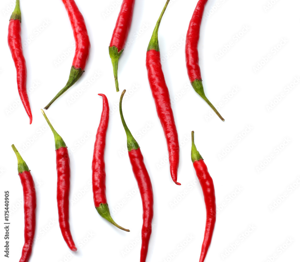 red hot chili peppers isolated on white background top view