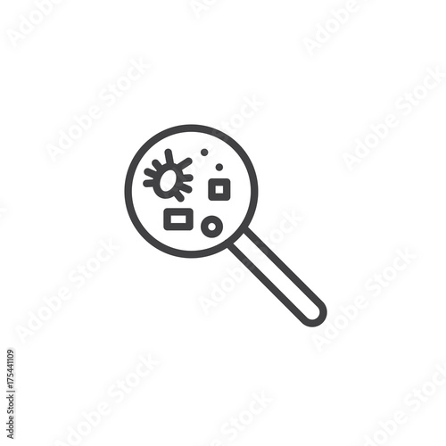 Pet disease and magnifying glass line icon, outline vector sign, linear style pictogram isolated on white. Symbol, logo illustration. Editable stroke