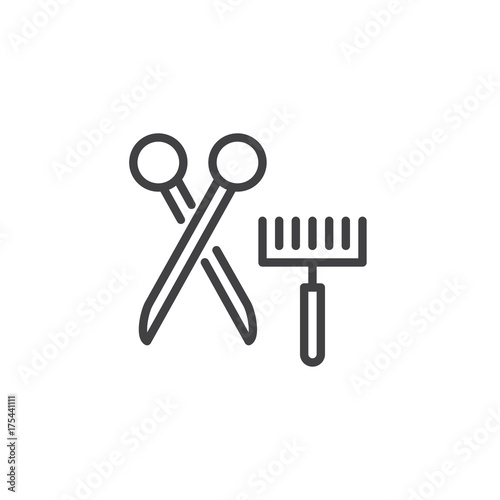 Pet grooming brush and scissors line icon, outline vector sign, linear style pictogram isolated on white. Symbol, logo illustration. Editable stroke