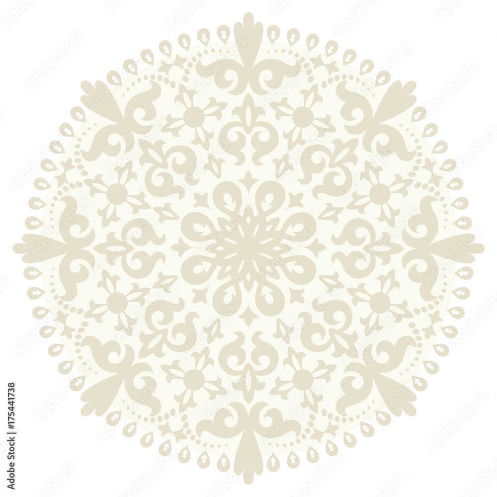 White background with beige mandala ornament in the east style. Ideal for printing on fabric or paper. Vector illustration. Vintage decorative elements. Islam, Arabic, Indian, ottoman motifs.