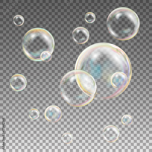 Soap Bubbles Vector. Rainbow Reflection Soap Bubbles. Aqua Wash. Isolated Illustration