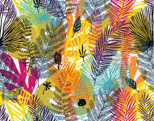 Multicolor print, seamless pattern with trendy autumn background, exotic leav...