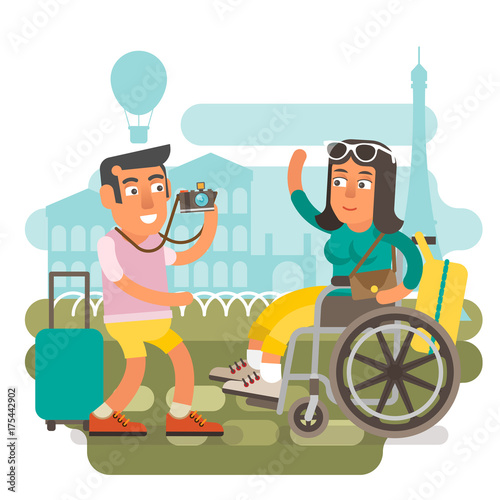 Differently abled girl on wheelchair traveling with boyfriend