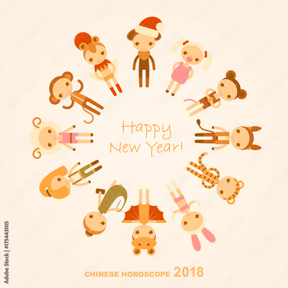 vector cartoon New Year's card with signs of the Chinese horoscope vector cartoon New Year's card with signs of the Chinese horoscope