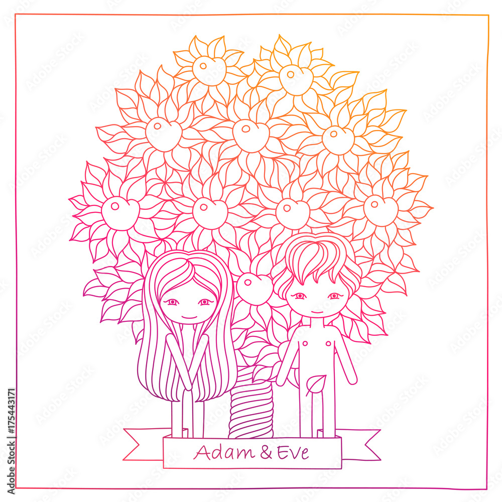 vector hand drawing color illustration of a biblical scene with Adam ...