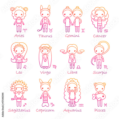 vector set of the twelve hand drawing Zodiac Signs Aries, Taurus, Gemini, Cancer, Leo, Virgo, Libra, Scorpio, Sagittarius, Capricorn, Aquarius, Pisces