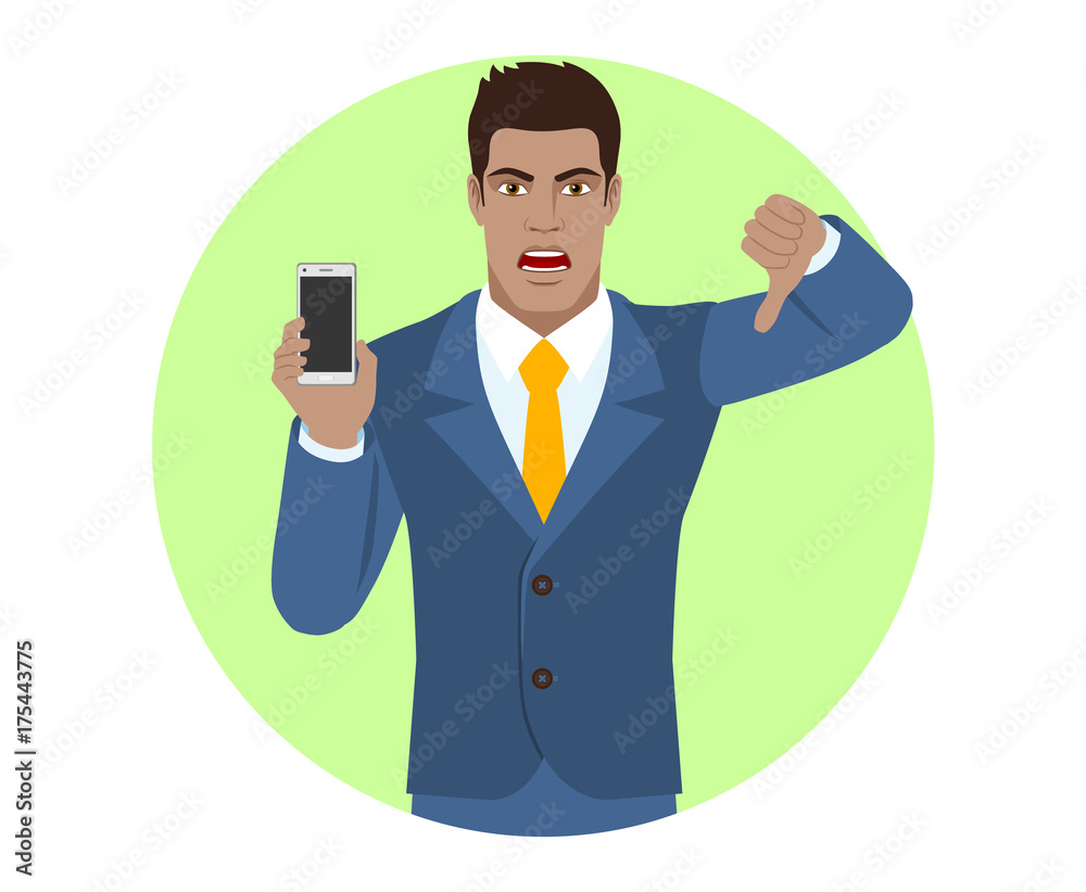 Businessman holding a mobile phone and showing thumb down gesture as rejection symbol Businessman holding a mobile phone and showing thumb down gesture as rejection symbol