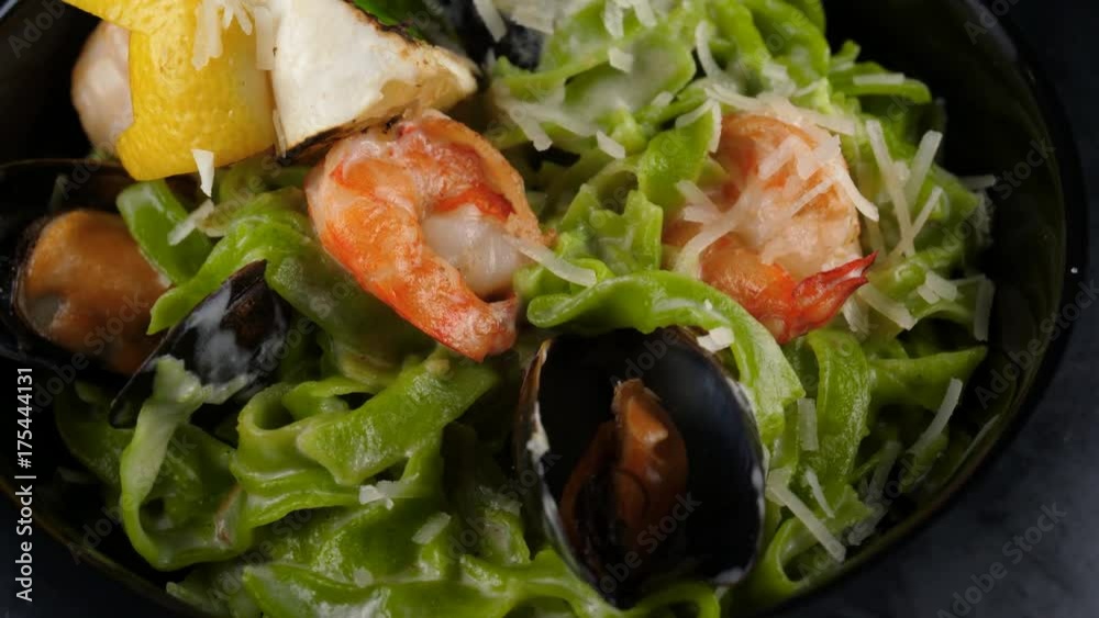 Close-up view of Italian green pasta, served with mussels, shrimps, parmesan cheese, creamy sauce, lemon and basil leaf, loop, 4K, ProRes codec, 422 HQ Close-up view of Italian green pasta, served with mussels, shrimps, parmesan cheese, creamy sauce, lemon and basil leaf, loop, 4K, ProRes codec, 422 HQ