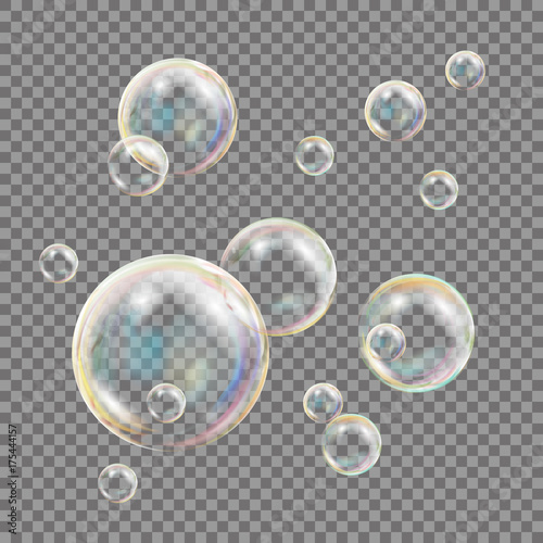 Transparent Soap Bubbles Vector. Colorful Falling Soap Bubbles. Isolated Illustration photo