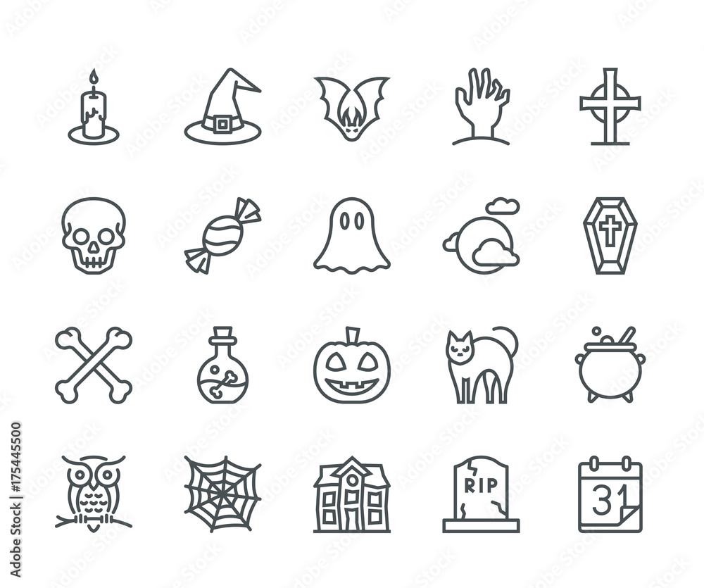 Fototapeta premium Halloween Icons, Monoline concept. The icons were created on a 48x48 pixel aligned, perfect grid providing a clean and crisp appearance. Adjustable stroke weight.