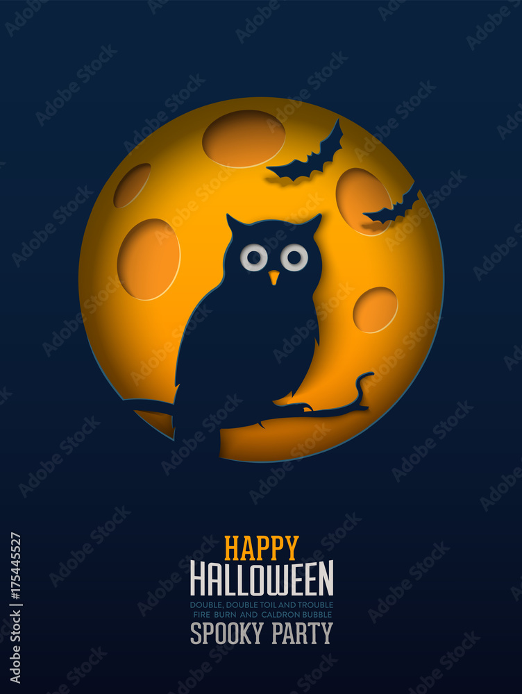 Halloween Owl, Papercut Design Multilayered papers create spooky Halloween scene under the full moon.