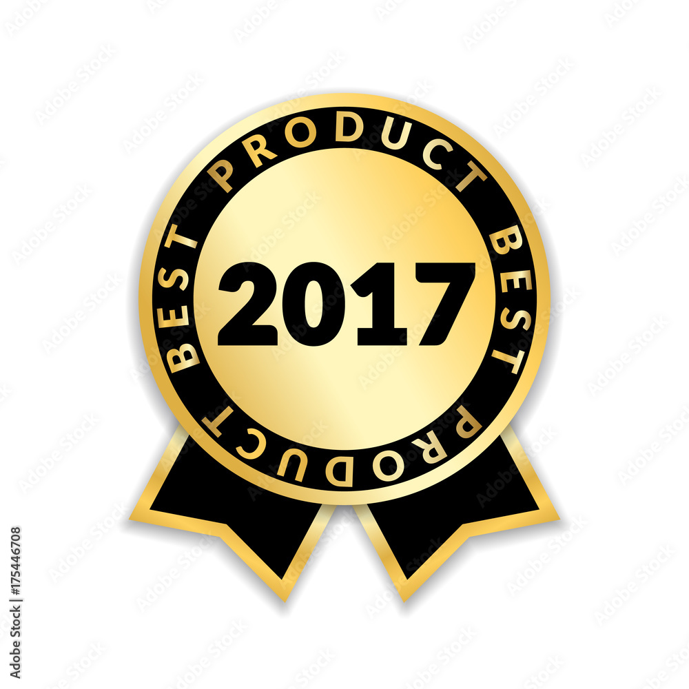 Ribbon award best product of year 2017. Gold ribbon award icon isolated white background. Best product golden label for prize, badge, medal, guarantee quality product Vector illustration