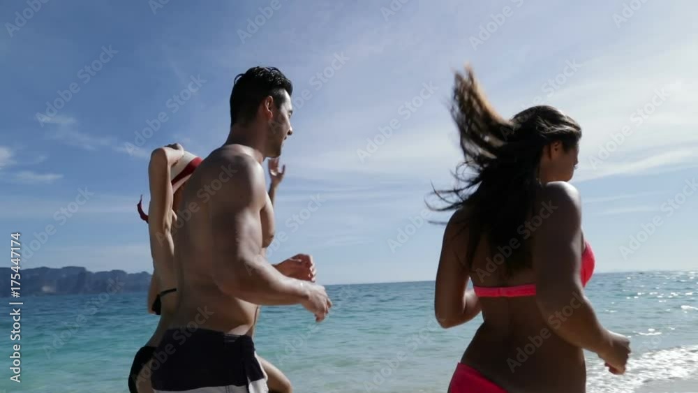 People Running Along Beach, Man And Woman Group Tourists On Sea Vacation Slow Motion 120 People Running Along Beach, Man And Woman Group Tourists On Sea Vacation Slow Motion 120