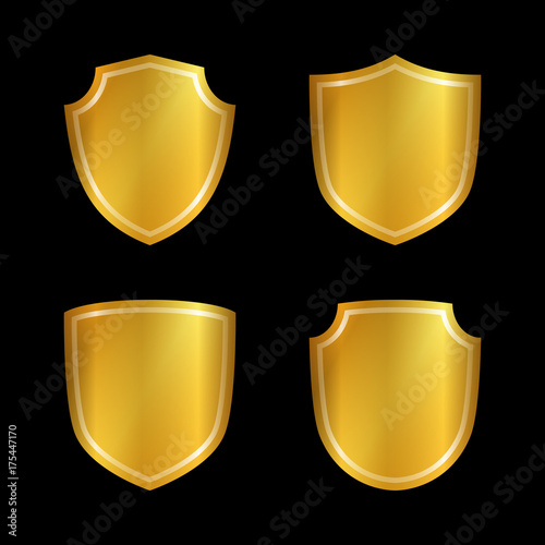 Gold shield shape icons set. 3D golden emblem signs isolated on black background. Symbol of security, power, protection. Badge shape shield graphic design Vector illustration