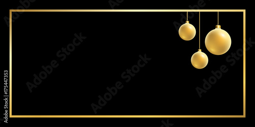 Merry Christmas background with Christmas balls. Black and gold Christmas background in golden frame. Card shiny design for holiday celebration, winter Xmas decorative Vector illustration