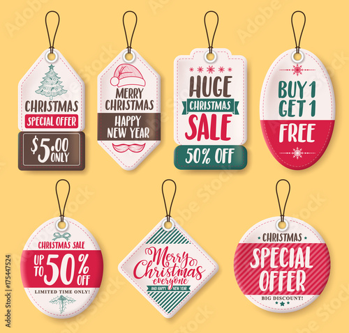Christmas paper sale tags vector set with discount text like special offer, huge sale, buy 1 get 1 free, and greetings for christmas holiday promotion. Vector illustration.
