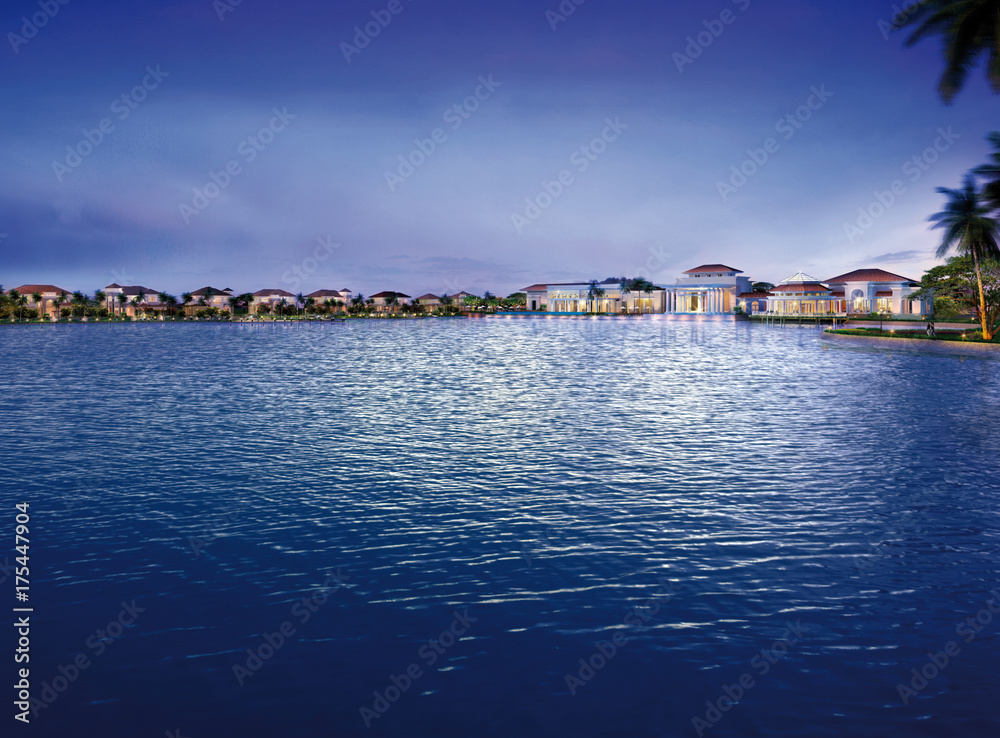 Fototapeta premium Scene of the blue lake in luxury village.
