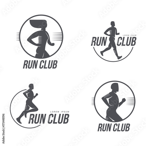 Sportive man, woman jogging, running marathon brand, logo design icon silhouette. Male, female adult character illustration with run club inscription. Isolated flat illustration on a white background.